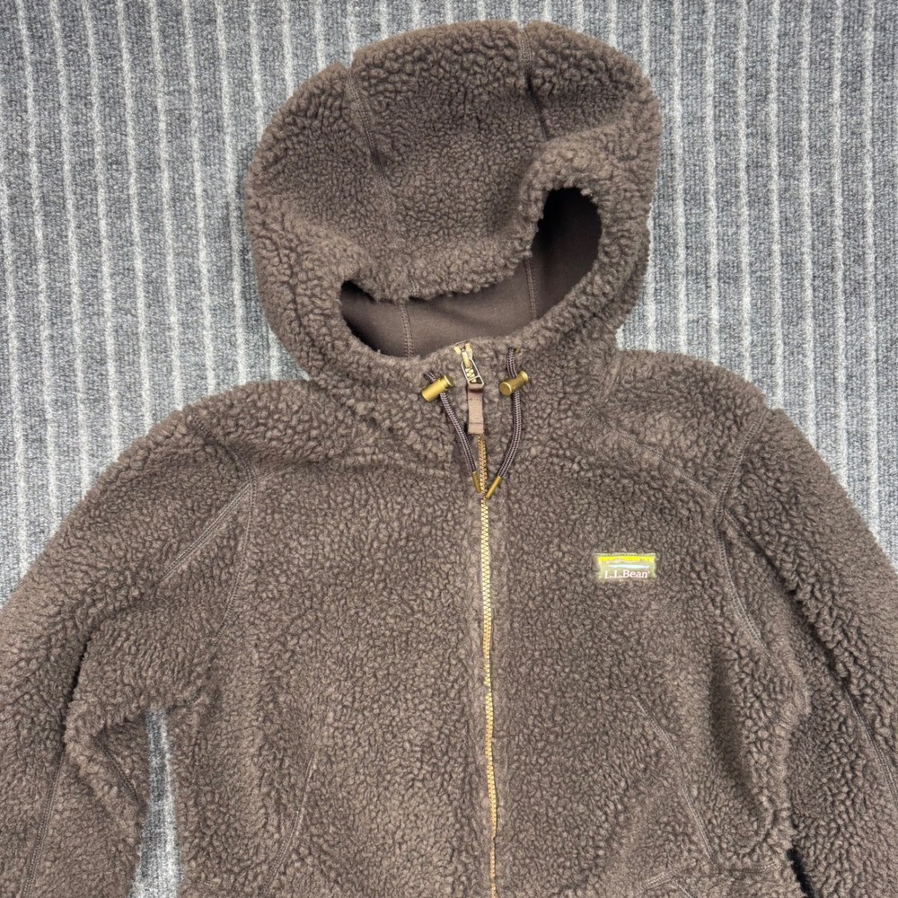 LL Bean Womens Sherpa Fleece Hooded Jacket Size M Brown Full Zip Longline 508967 - Picture 2 of 8